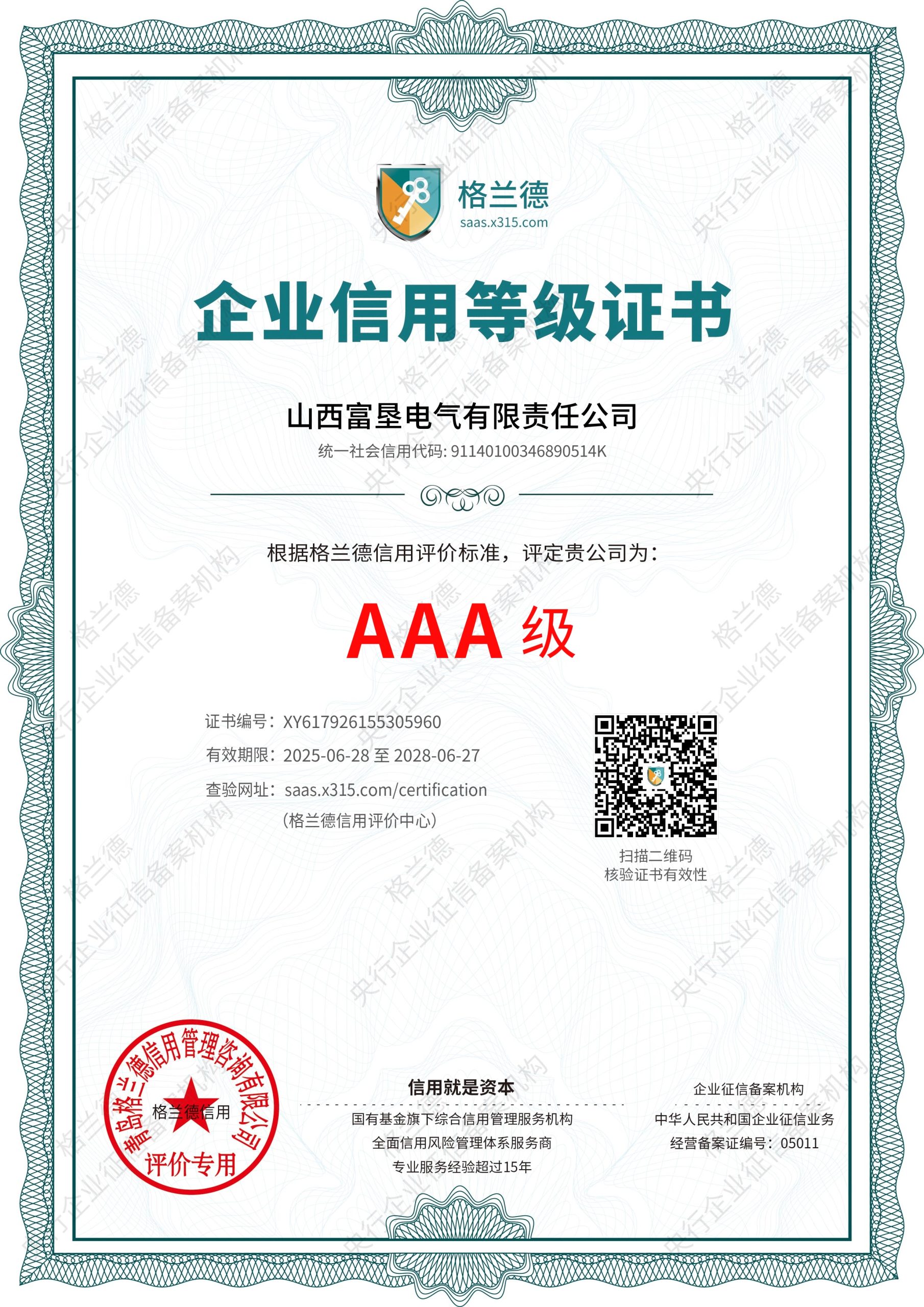Enterprise credit rating certificate